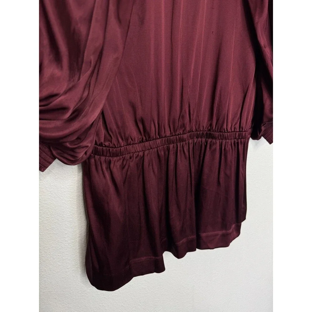 Madewell Medium Shirred Puff Sleeve Top Satin Cabernet V-Neck Empire Waist NWT